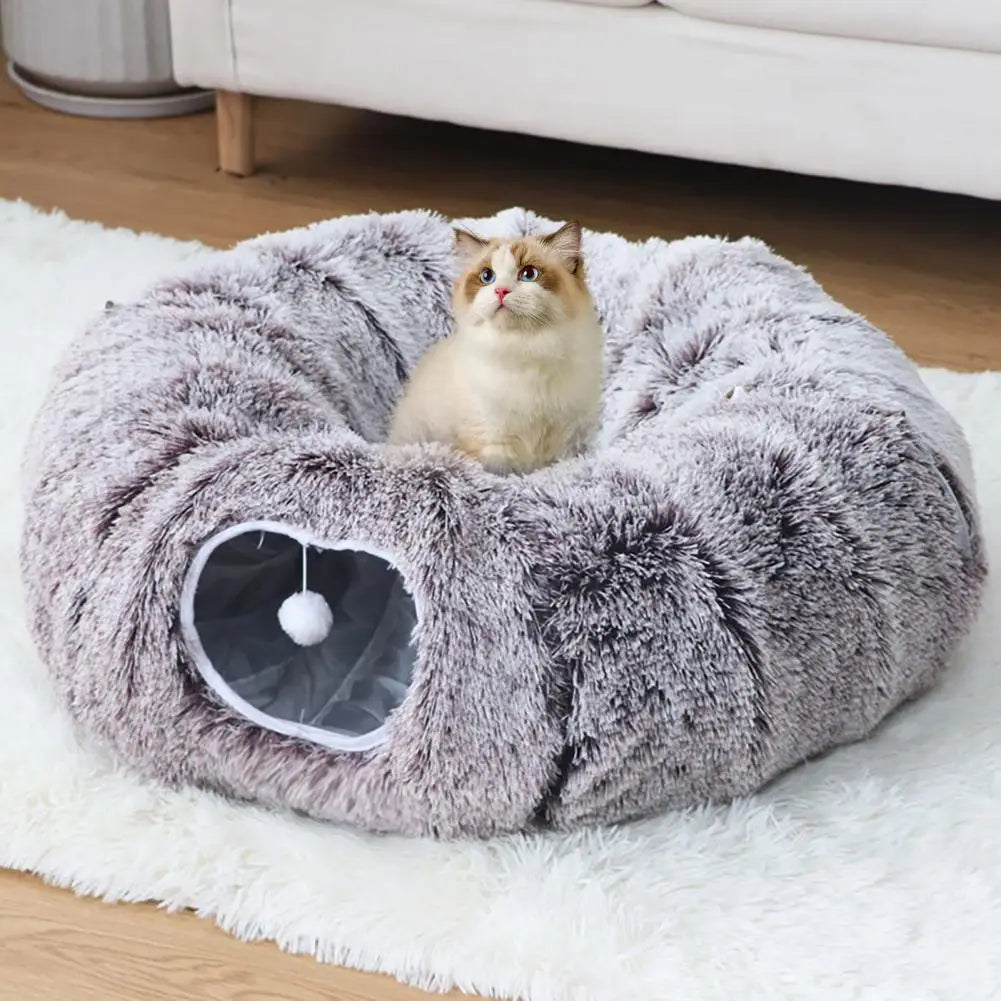 Tunnel donut en peluche pour chat avec balles suspendues – photo 3