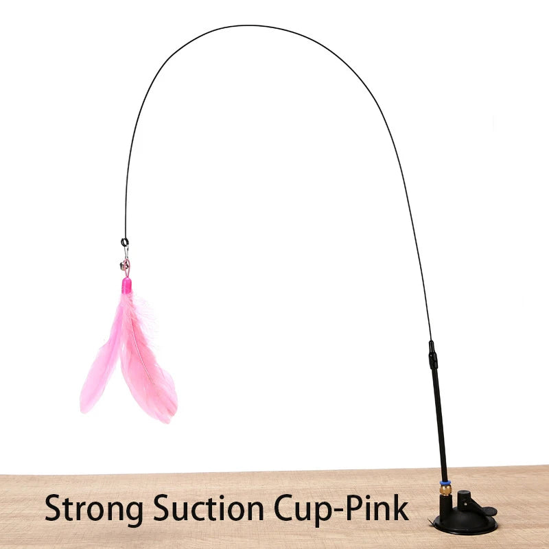 Cana com penas e ventosa para gatos – ventosa reforçada, cor rosa