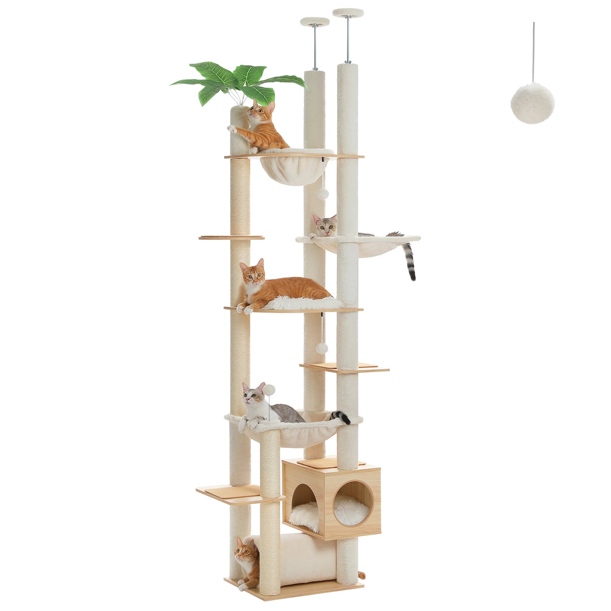 Deckenhoher Kratzbaum aus Holz mit großer Hängematte – Farbe Beige