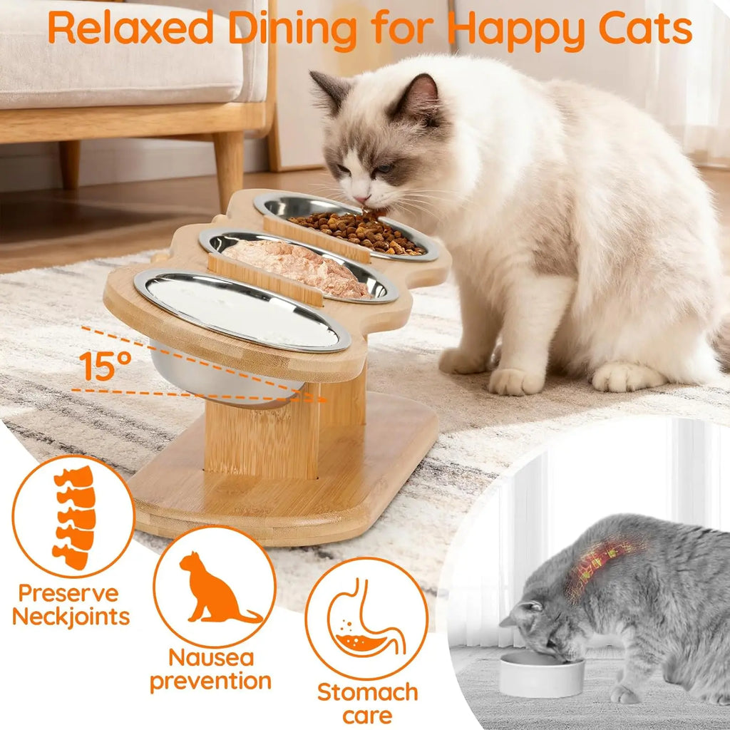 Support en bois surélevé avec 3 gamelles en inox pour chat – photo 2