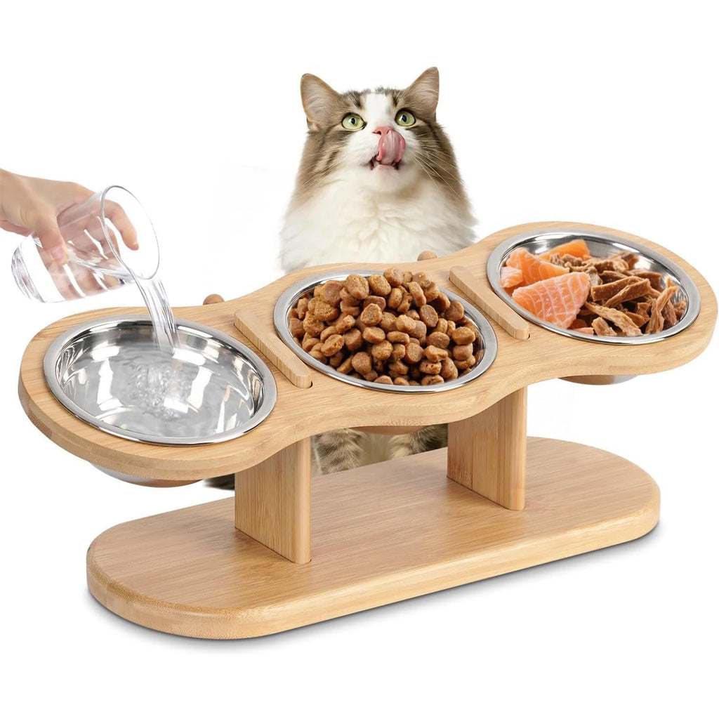 Support en bois surélevé avec 3 gamelles en inox pour chat
