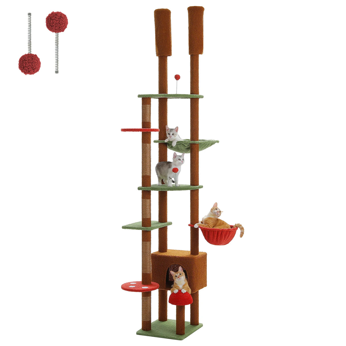 Deckenhoher Kratzbaum aus Holz mit großer Hängematte – Farbe Braun