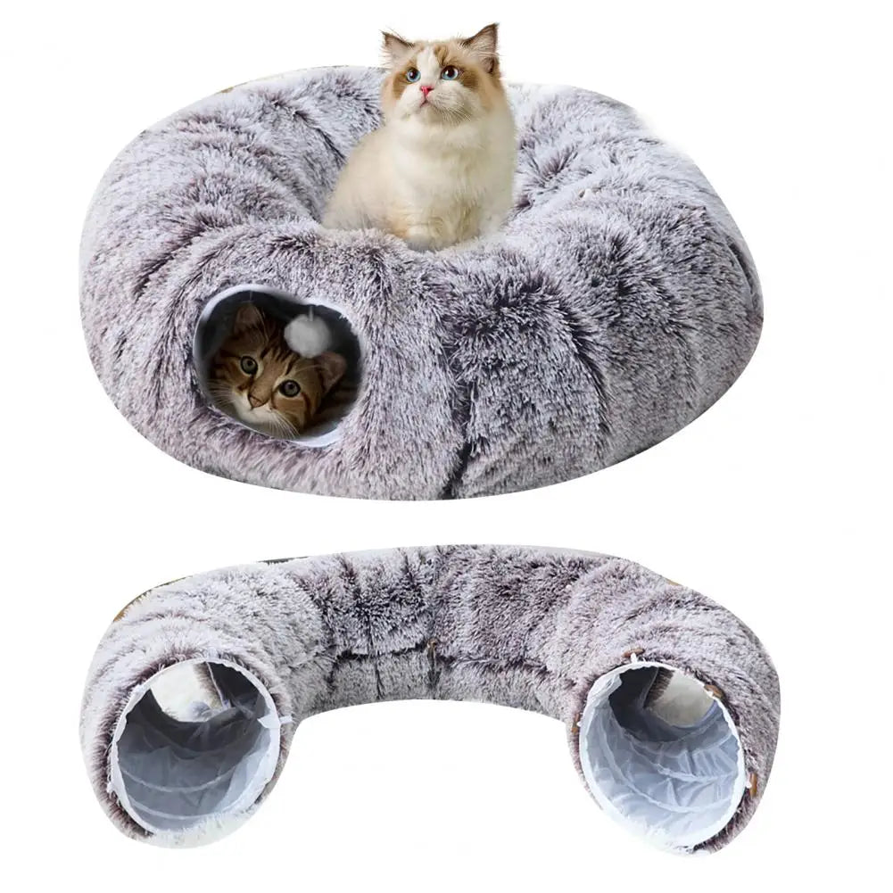 Plyšový tunel donut pro kočky se zavěšenými míčky